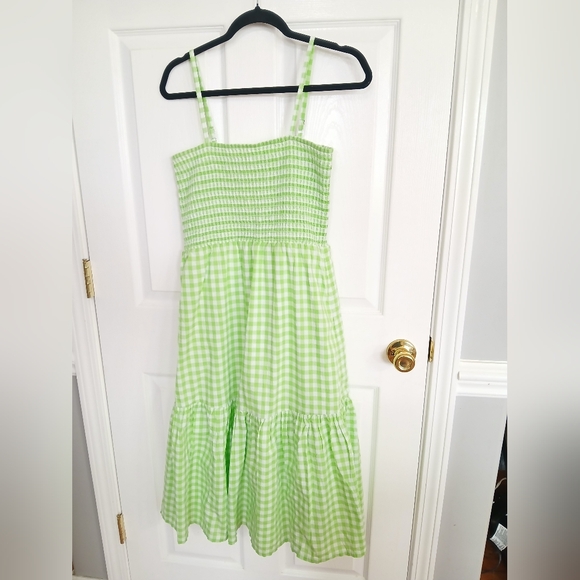 J. Crew Other - J Crew Lime Green Gingham Sundress with Smocked Bodice Tiered Skirt Midi Resort